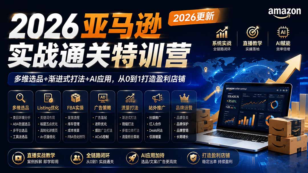老陈聊跨境亚马逊实战训练营2026更新，多维选品+渐进式打法+AI应用，从0到1打造盈利店铺 - 缩略图
