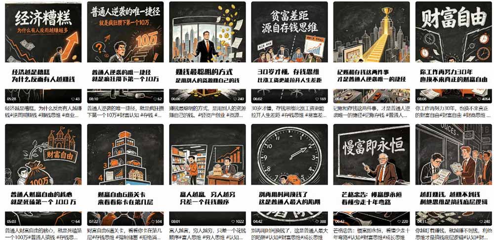 AI书单财富书籍图文解读，手绘黑白风格一键直出，几十条视频跑1000单全流程拆解 - 缩略图