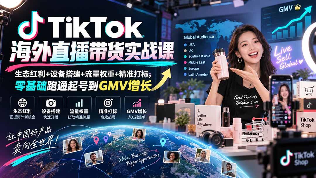 TikTok海外直播带货实战课，从设备搭建、直播间打标起号到GMV增长的完整运营流程 - 缩略图