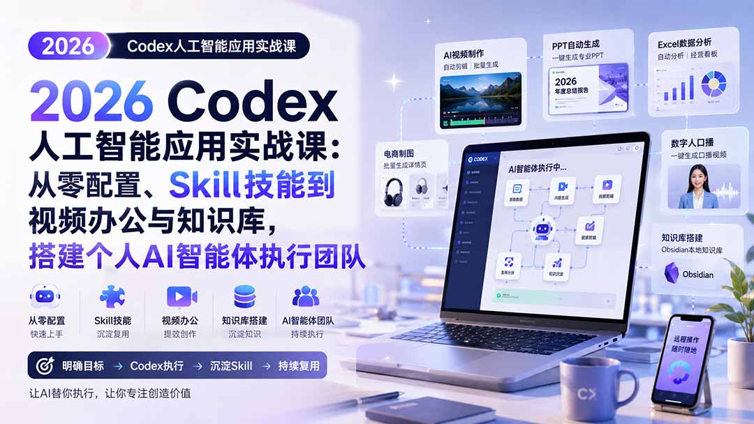 Codex人工智能应用实战课，从零配置到Skill技能封装，打通视频自动剪辑、数字人口播与飞书办公自动化 - 缩略图