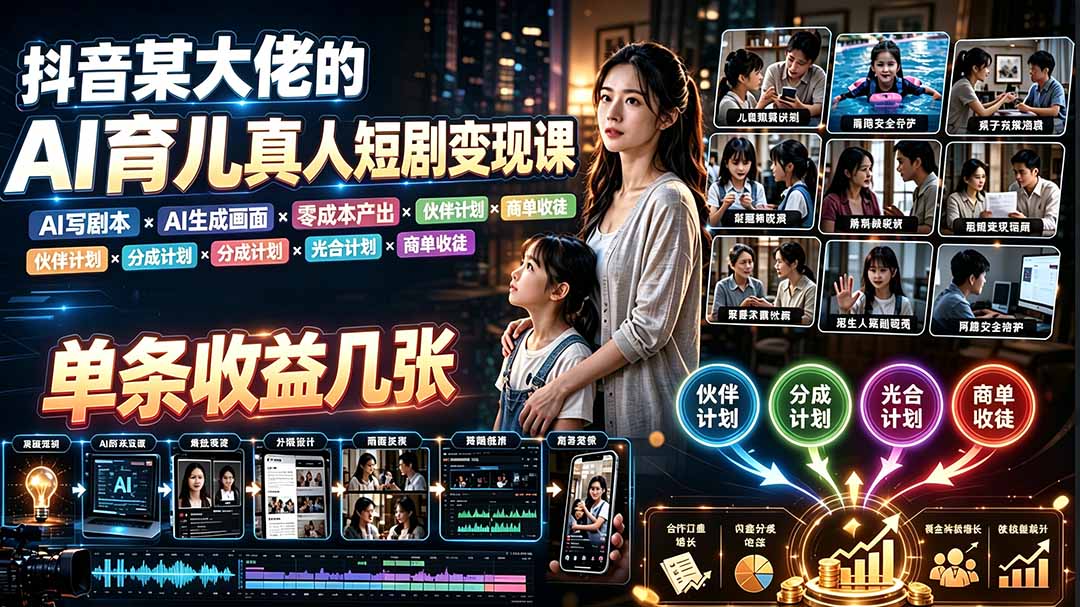 AI育儿真人短剧变现，AI写剧本生成画面零成本产出，靠伙伴计划分成和商单带货跑通 - 缩略图