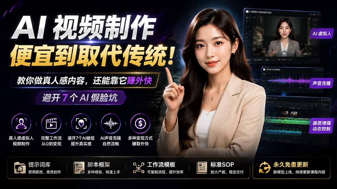 AI虚拟人UGC视频制作，AI角色、声音克隆、画质增强，避开7种AI假脸破绽做不露脸AI网红账号 - 缩略图