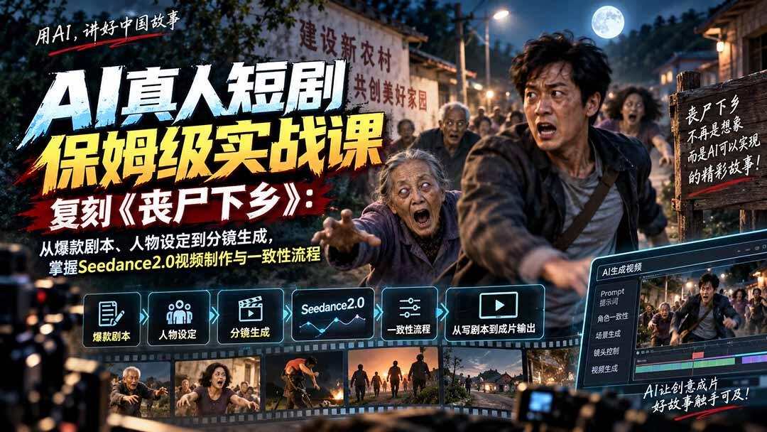 AI真人短剧《丧尸下乡》复刻实战课，从剧本人设分镜到Seedance2.0视频生成与一致性处理 - 缩略图