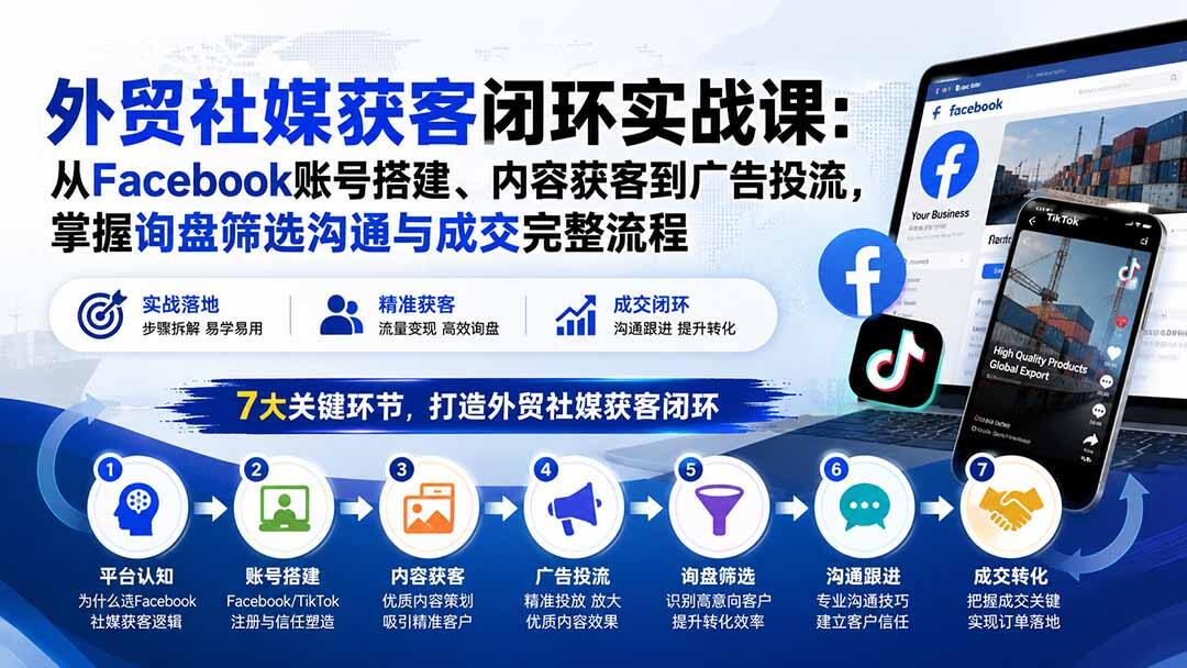 外贸社媒获客实战课，Facebook账号搭建到广告投流，询盘筛选沟通与成交全流程拆解 - 缩略图