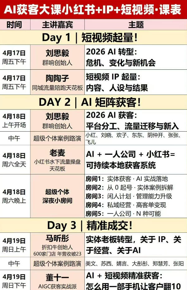 4月17日深圳AI获客大课，3天2夜拆小红书+IP+短视频，13个案例路演获客与成交 - 缩略图