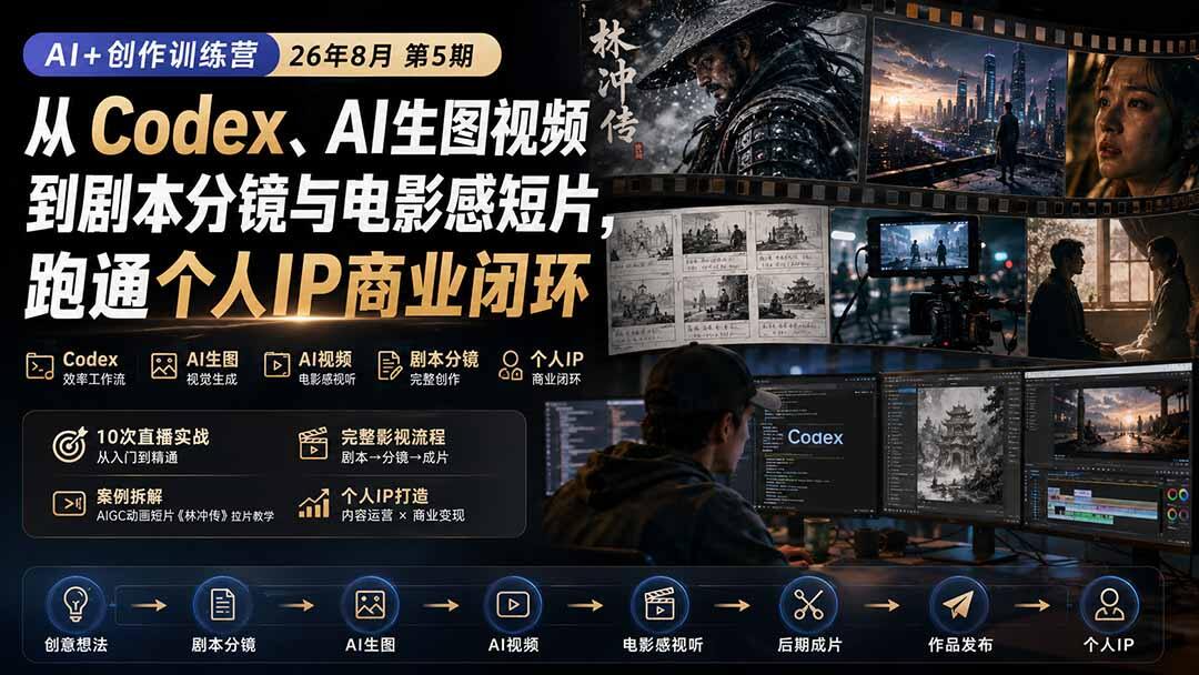 AI创作训练营第5期，从Codex、AI生图视频到剧本分镜与电影感短片，10次直播跑通个人IP - 缩略图