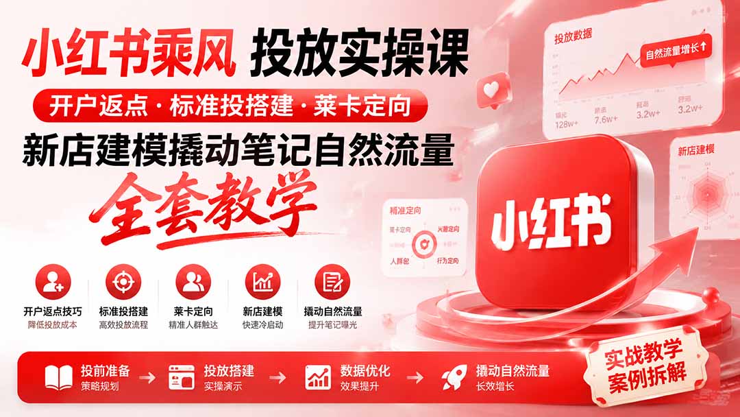 小红书乘风投放100分钟实操课，开户返点、标准投搭建与莱卡定向，新店撬动笔记自然流量 - 缩略图