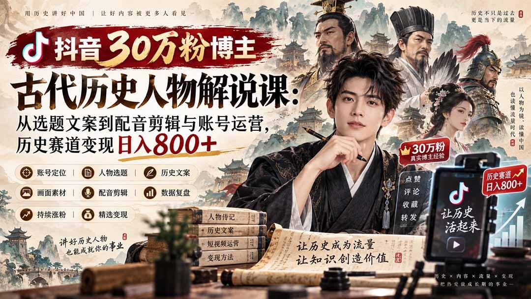 抖音历史赛道古代人物解说课，30万粉博主教选题文案配音剪辑到账号变现 - 缩略图