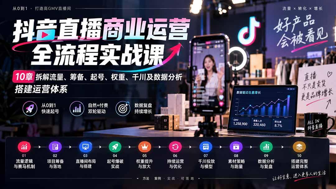抖音直播运营全流程实战课，10章拆解流量赛马、起号爆破和千川投放 - 缩略图