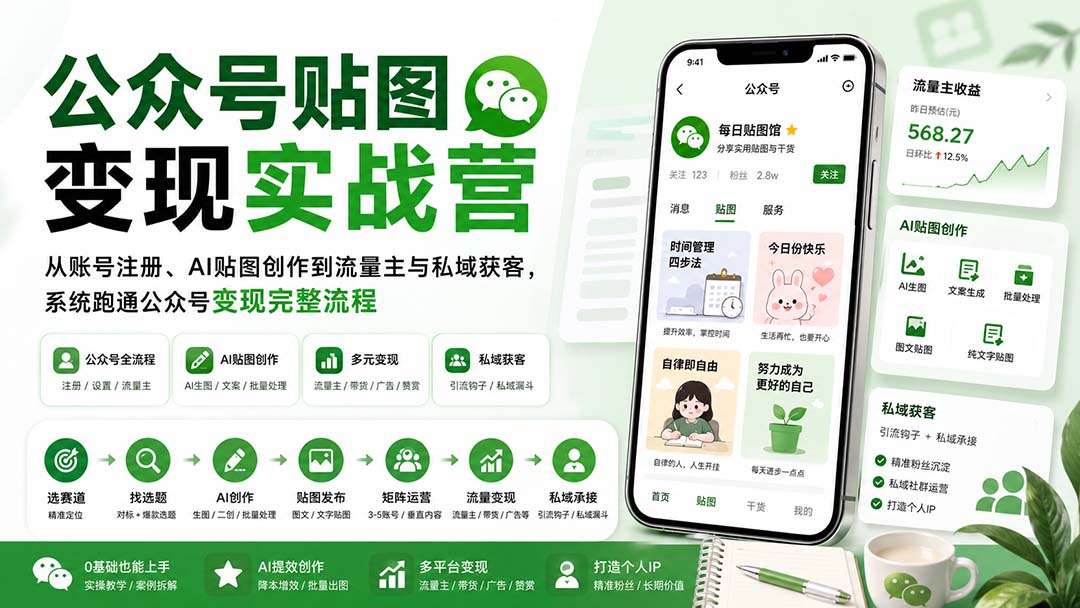 公众号贴图变现实战，AI生图做贴图、矩阵起号到流量主和私域获客 - 缩略图