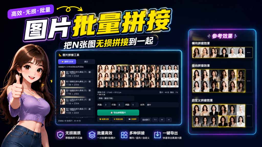 免费离线图片批量拼接工具，N张图无损拼成一张，支持横向竖向和网格自定义 - 缩略图