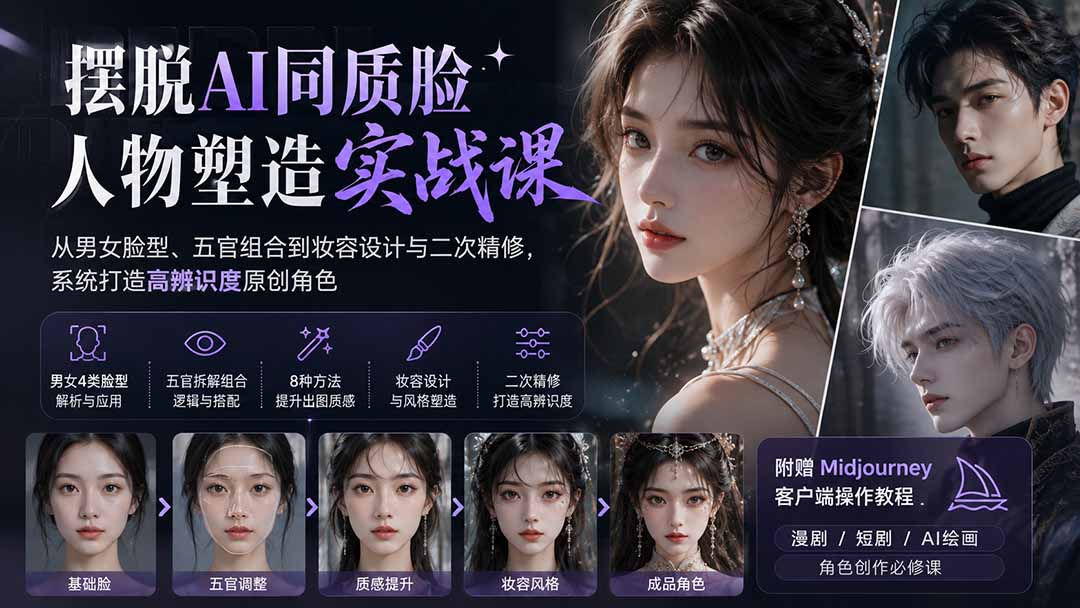 AI人物捏脸实战课，摆脱AI同质脸，男女脸型、五官组合到妆容精修，打造高辨识度原创角色 - 缩略图