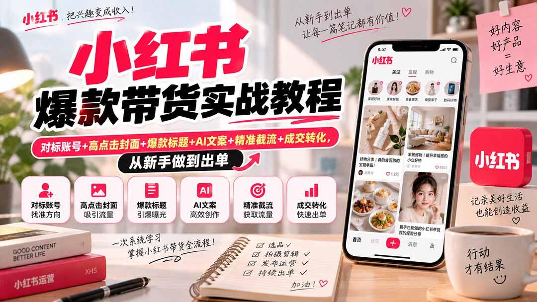小红书带货从0到1全流程实操，对标账号、爆款封面标题、AI文案到截流成交，新手也能跑通出单 - 缩略图
