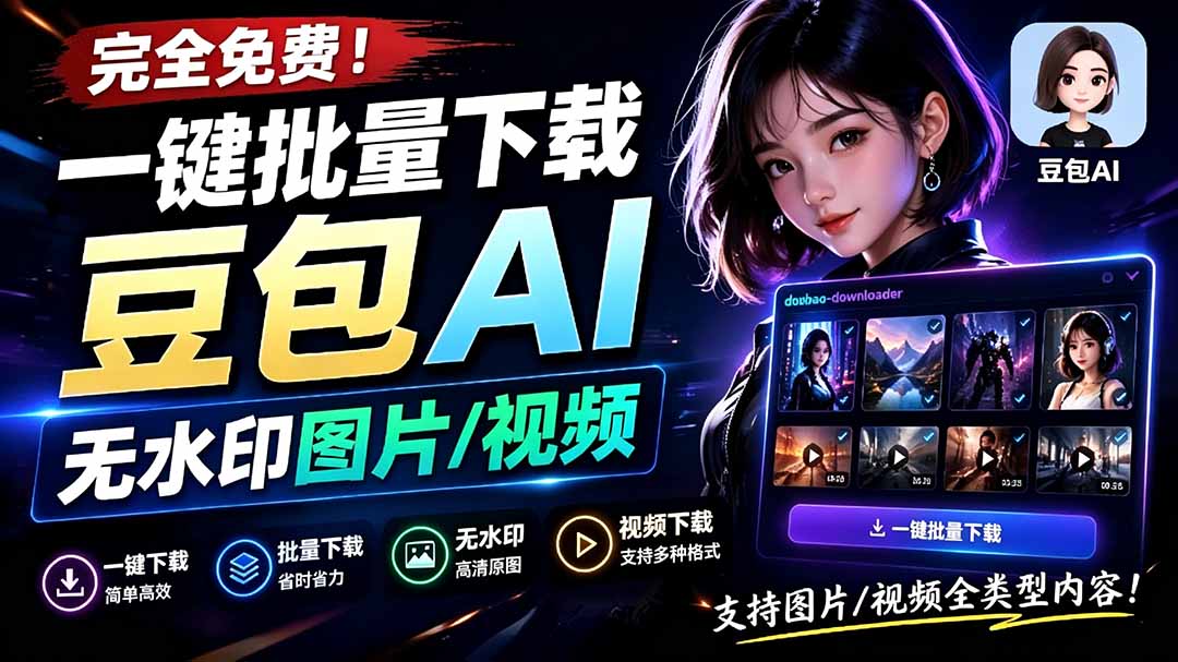 GitHub开源的豆包下载器，一键批量保存豆包AI无水印图片视频，还能自动提取提示词 - 缩略图