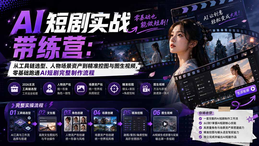 AI短剧实战带练营，从工具链选型到人物场景资产包，零基础跑通图生视频全流程 - 缩略图