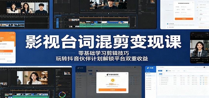 抖音影视剧台词混剪变现课，零基础剪辑到伙伴计划双重收益拆解 - 缩略图