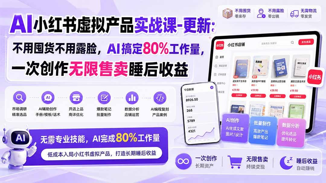 小红书虚拟产品实战课，AI搞定选品到出单全流程，不用囤货不用露脸 - 缩略图
