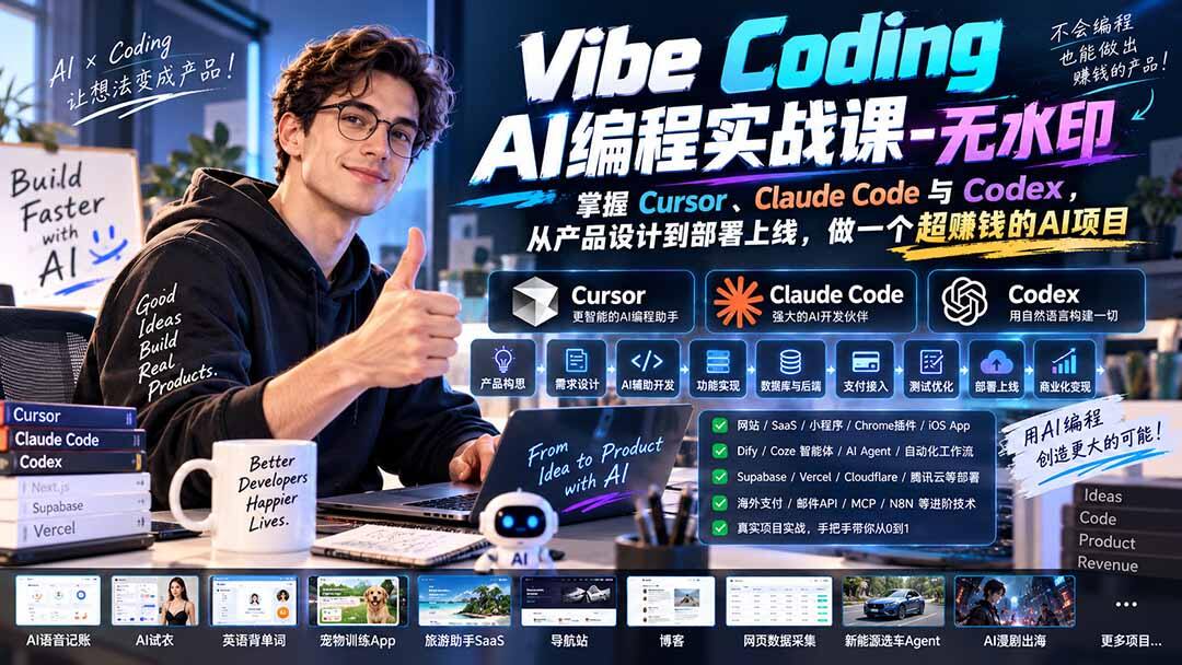 Vibe Coding AI编程实战，用Cursor、Claude Code和Codex从零开发，网站小程序到AI Agent部署上线全流程 - 缩略图