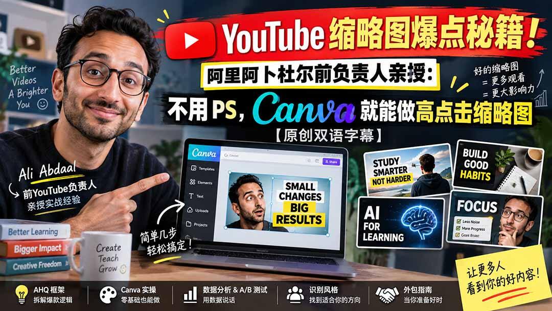 YouTube缩略图大师课，Ali Abdaal前负责人教你用Canva做高点击封面，含AHQ框架与A/B测试 - 缩略图