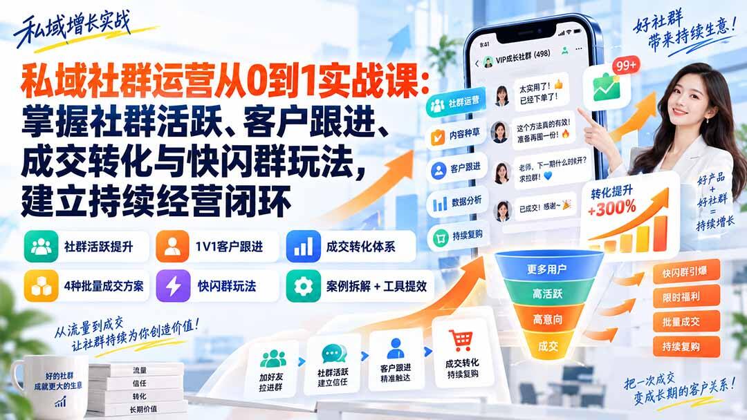 私域社群运营从0到1实战课，社群活跃、1V1跟进、批量成交和快闪群玩法全拆解 - 缩略图