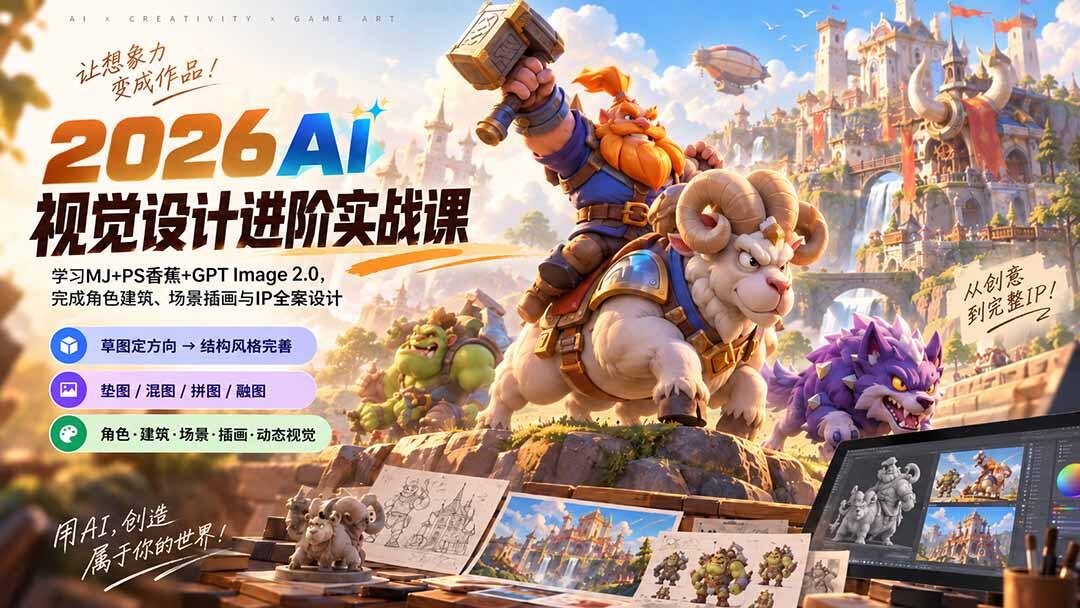 2026AI视觉设计进阶实战课，MJ+Niji+PS香蕉+GPT Image 2.0，35节从草图到IP全案设计 - 缩略图