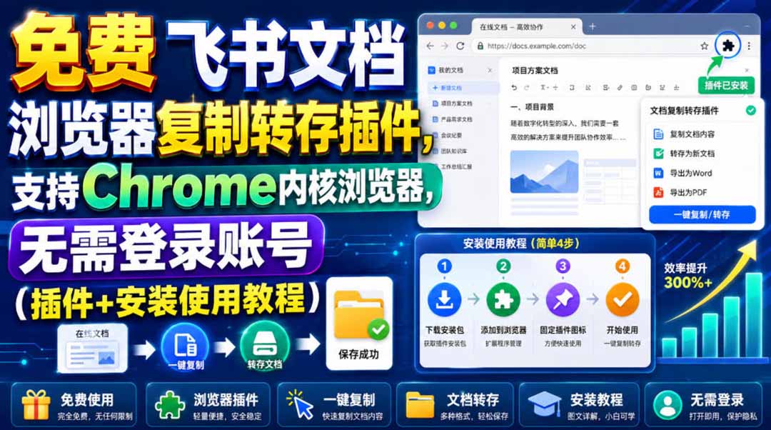 飞书文档复制转存插件，Chrome内核浏览器免登录使用，附安装教程 - 缩略图