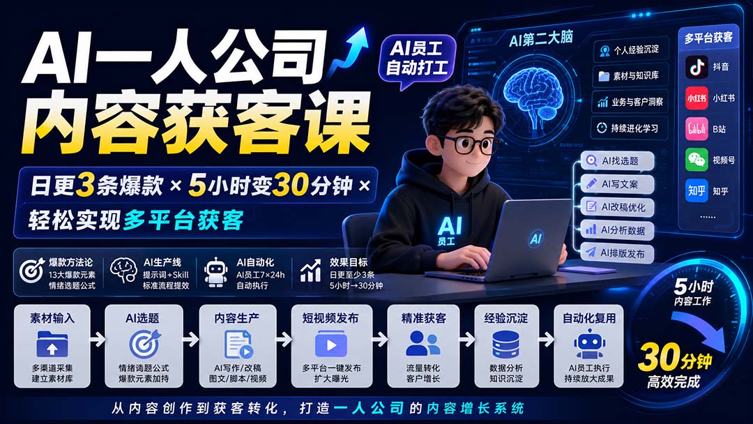 AI一人公司内容获客课，日更3条原创爆款短视频，5小时的活30分钟干完，Skill和Obsidian搭内容生产线 - 缩略图