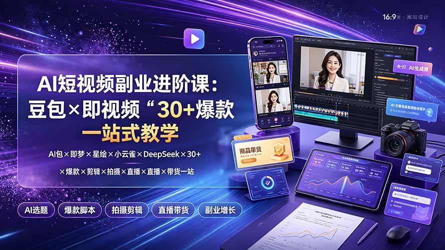 AI短视频副业进阶课，豆包即梦星绘小云雀DeepSeek等工具，30+爆款视频制作、剪辑拍摄到直播带货全流程 - 缩略图