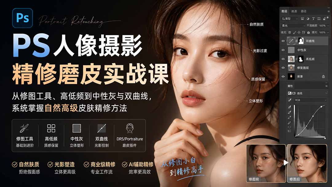 PS人像精修实战课，17节讲透高低频、中性灰与双曲线，修出自然高级皮肤 - 缩略图
