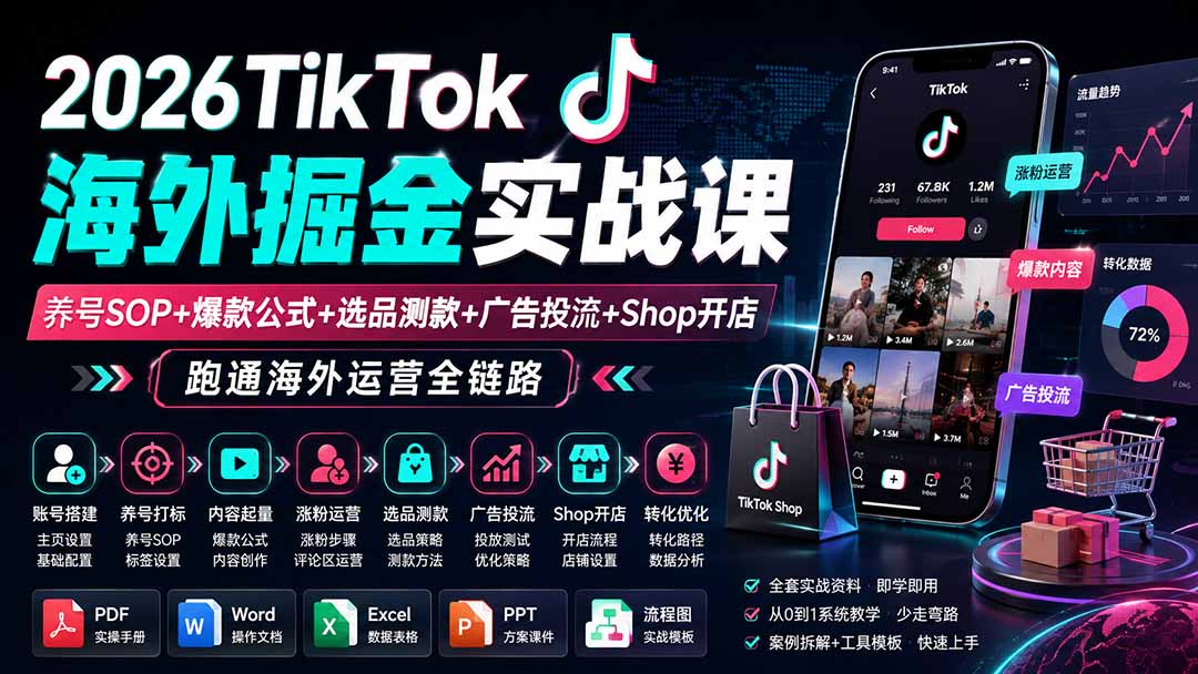 TikTok海外运营全链路实操，养号SOP、爆款公式到Shop开店，新手30天起号变现 - 缩略图