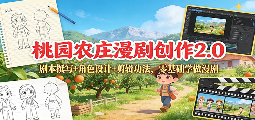 AI漫剧解说从0到1实操，桃园农庄前五集剧本+即梦角色设计+剪辑功法，抖音快手发布变现 - 缩略图