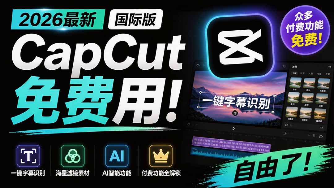 2026最新剪映国际版CapCut，部分付费功能免费使用，字幕识别、滤镜素材、AI功能与国内版对比 - 缩略图