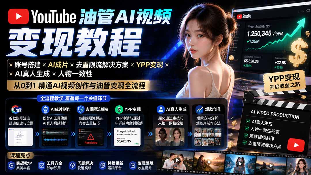 YouTube油管AI视频变现，从账号搭建、AI真人成片到0播放限流和YPP申诉 - 缩略图