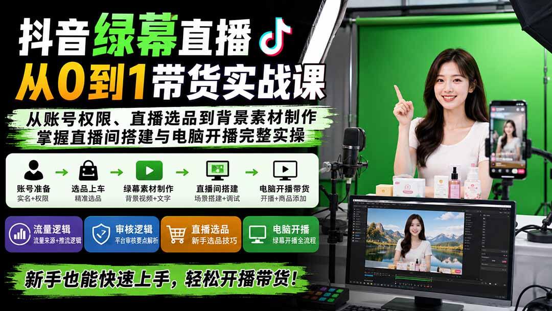 抖音绿幕直播带货全流程实操课，从账号实名、开通橱窗到绿幕背景制作和电脑开播 - 缩略图