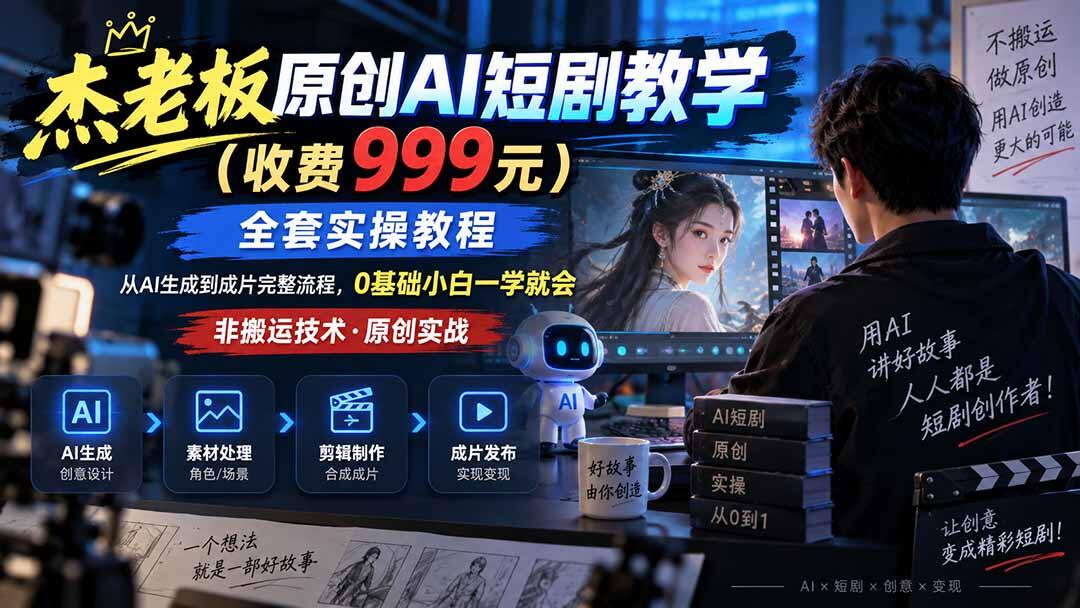 AI短剧原创教程，杰老板从AI生成到成片的完整实操，0基础也能做出非搬运视频 - 缩略图