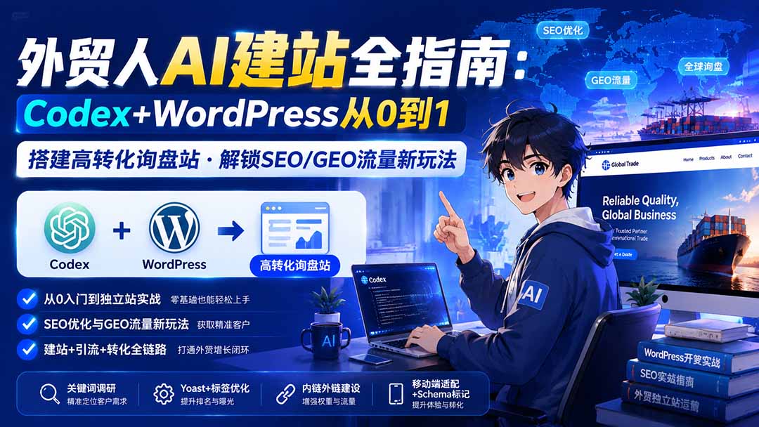 外贸WordPress独立站搭建，用Codex从0到1做出能接询盘的网站，含SEO/GEO优化和产品页批量发布 - 缩略图