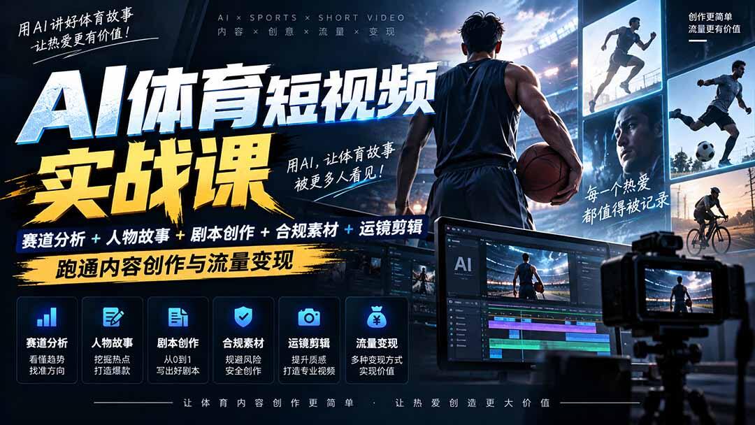 抖音AI体育短视频玩法，体育人物故事剧本创作、版权处理与运镜剪辑全流程实操 - 缩略图