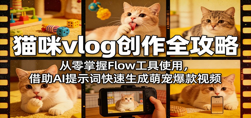 猫咪vlog全套教程，谷歌Flow怎么用、AI提示词怎么写，萌宠短视频制作流程和样片都在这 - 缩略图