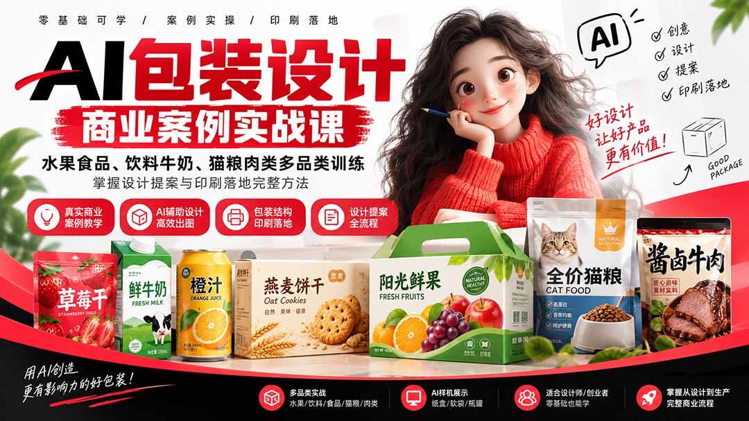 AI包装设计实战课，水果食品到猫粮牛肉多品类案例，从刀线图到印刷文件全流程 - 缩略图