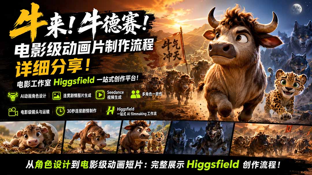 Higgsfield 一站式 AI 动画制作，从牛德赛角色设计到电影级成片的完整流程 - 缩略图