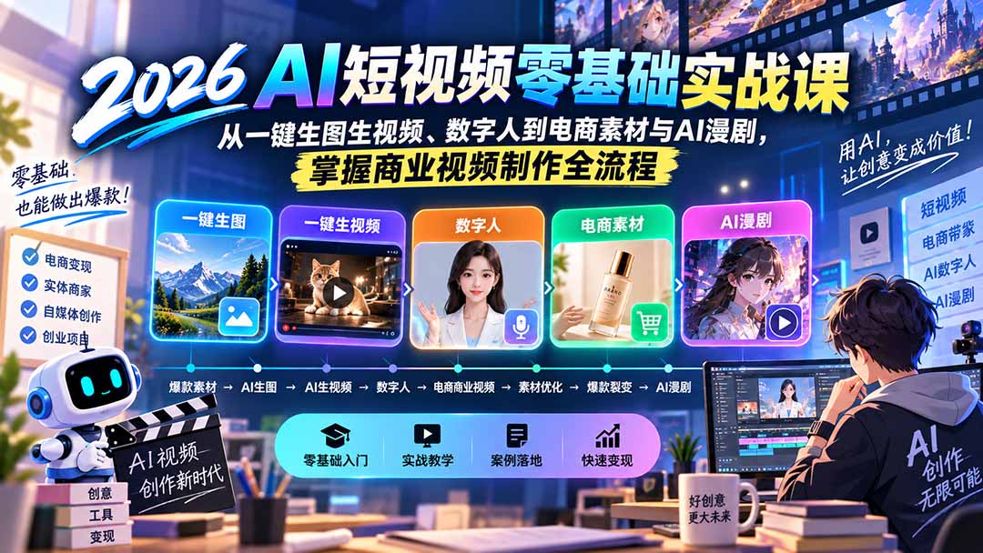 AI短视频零基础实战课，从一键生图生视频、数字人到电商素材和AI漫剧全流程 - 缩略图