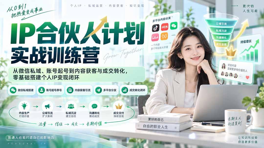 IP合伙人计划实战训练营，微信私域+账号起号+内容获客+成交转化，零基础搭建个人IP变现路径 - 缩略图