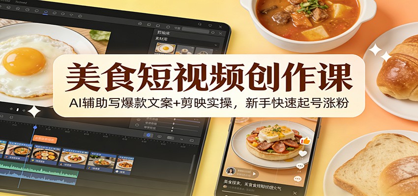 抖音美食短视频起号课，剪映剪辑配音配乐，豆包AI写爆款文案，10分钟开头20分钟成稿 - 缩略图