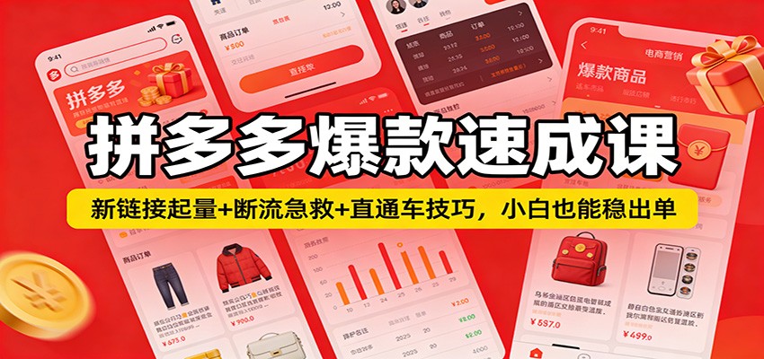 拼多多爆款实操课，从新链接3步起量到断流急救和直通车投产比，小白也能稳出单 - 缩略图