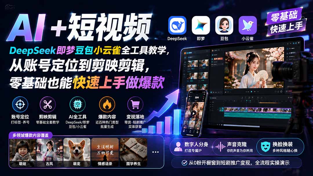AI短视频零基础实操，DeepSeek即梦豆包小云雀做爆款，剪映全套剪辑到数字人分身，带货和短剧推广变现 - 缩略图