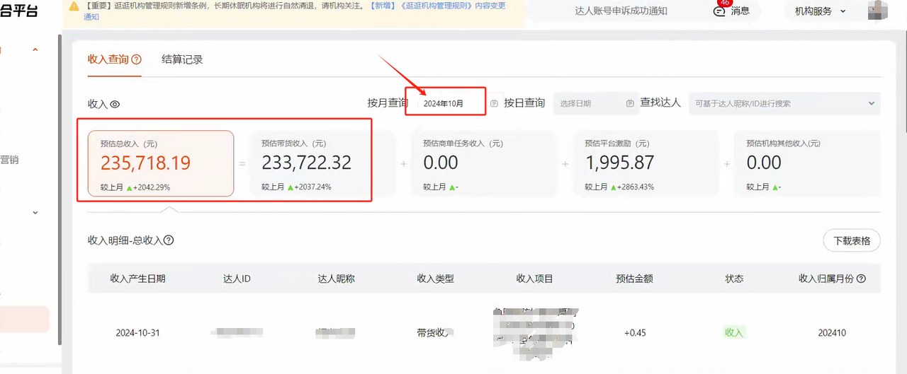 10月整体带货佣金23万