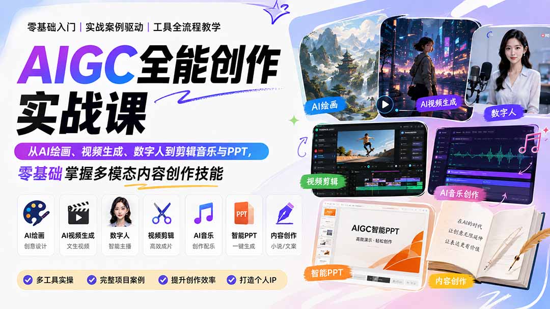 AIGC全能创作实战课，即梦AI绘画、数字人视频、剪映剪辑到AI音乐和PPT，零基础也能上手 - 缩略图