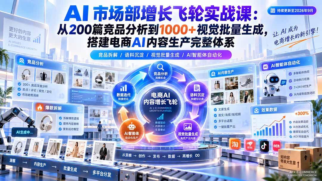 电商AI内容生产实战，200篇竞品分析到1000+视觉批量生成，含智能体与24小时AI员工 - 缩略图