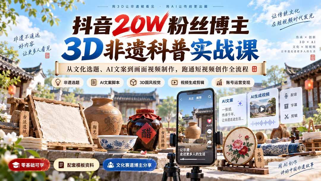 抖音20万粉博主3D非遗科普短视频实战，从文化选题、AI文案到3D国风画面和成片全流程 - 缩略图
