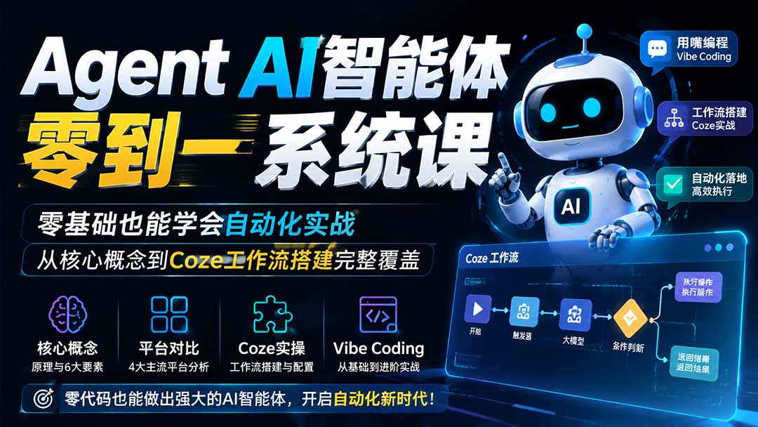 Agent智能体0到1系统课，零基础用Coze搭工作流，覆盖Vibe Coding用嘴编程 - 缩略图